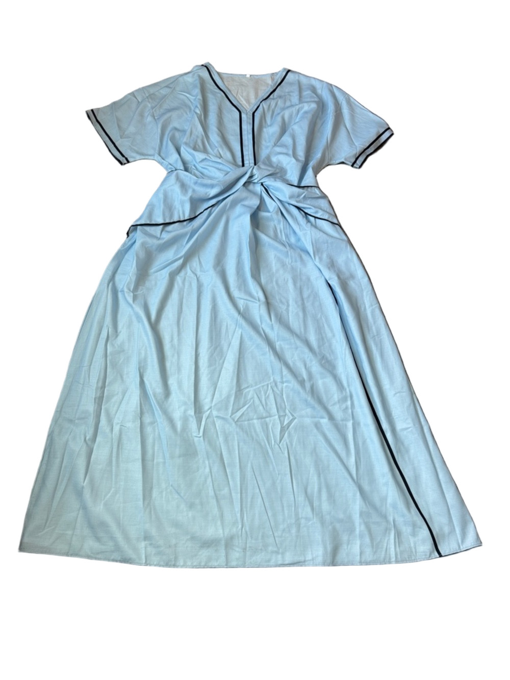 Light Blue Midi Dress Short Sleeve V Neck Contrast Trim Twist Tie Waist SIZE L
